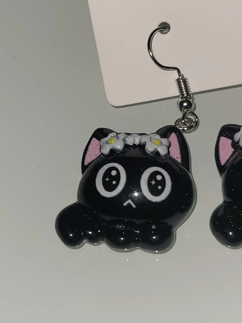 Cute Black Cat Fish Hook Dangle Earrings | Kawaii Floral Kitty | 2